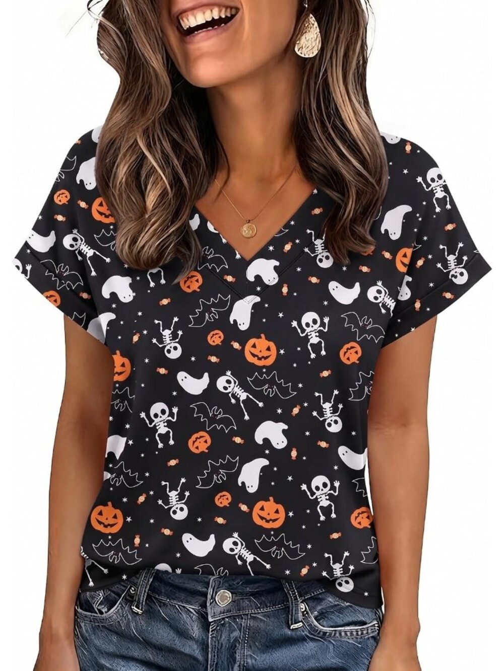 Women's Black Ghost Short Sleeve V Neck Basic Tees Shirts Casual Tops Blouses